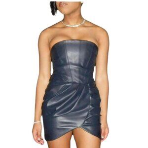 Oh Polly Navy Blue Faux Leather Bandea Strapless Corset Wrap Mini Dress Sz 4